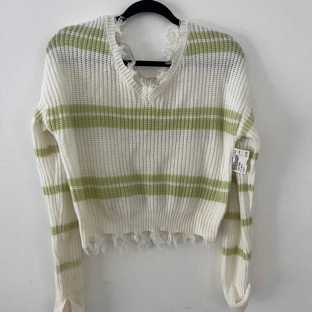 Cropped white sweater with green stripes